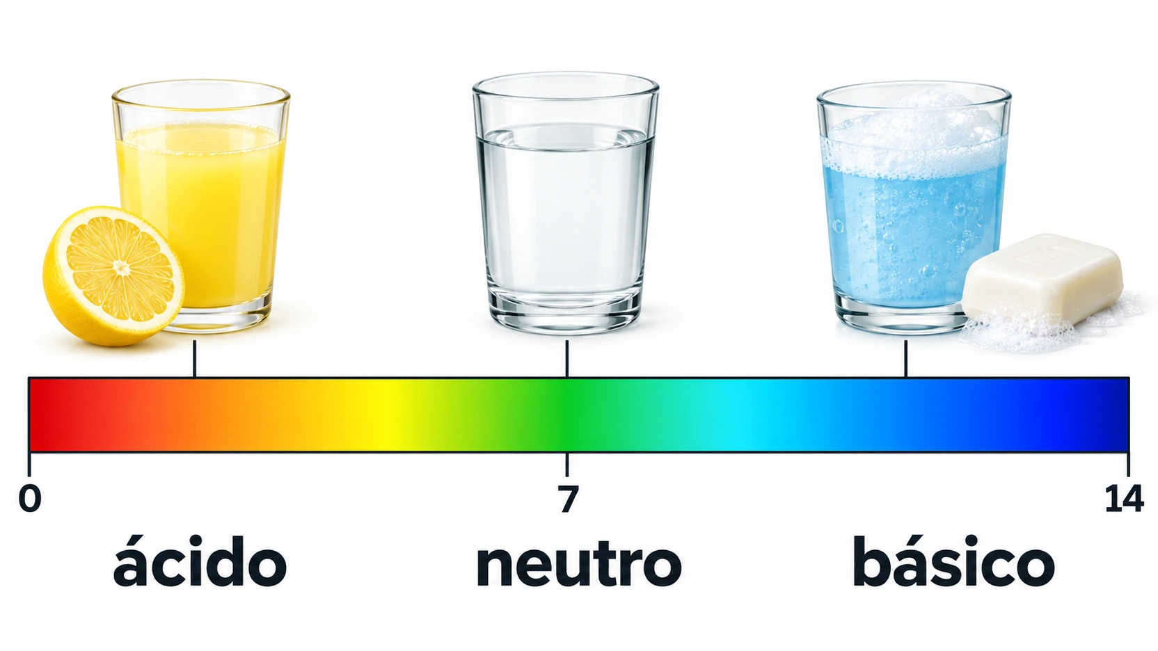 Uma escala de pH de 0 a 14 associa suco de limão ao lado ácido, água ao neutro e água com sabão ao básico.
