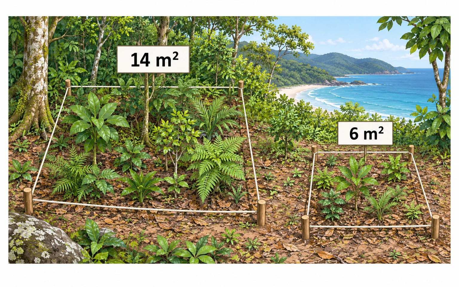 Duas áreas de amostragem delimitadas por cordas numa mata costeira, com placas de 14 m² e 6 m².