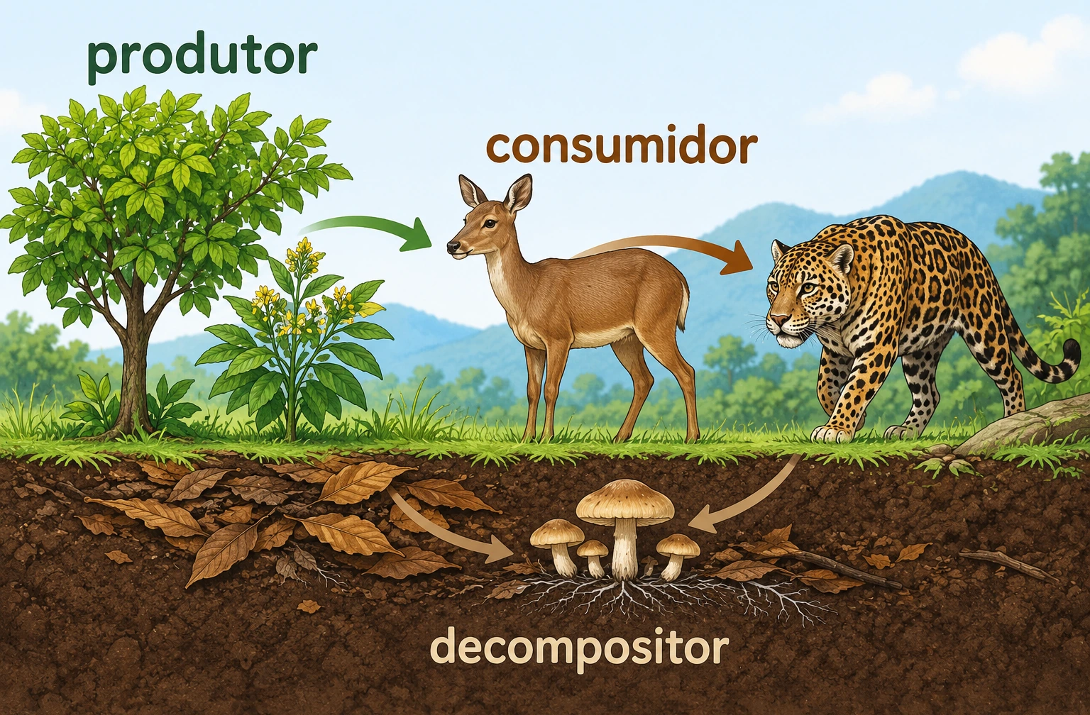 Setas ligam plantas produtoras, um veado consumidor e uma onça; folhas e matéria dos animais seguem para fungos decompositores.