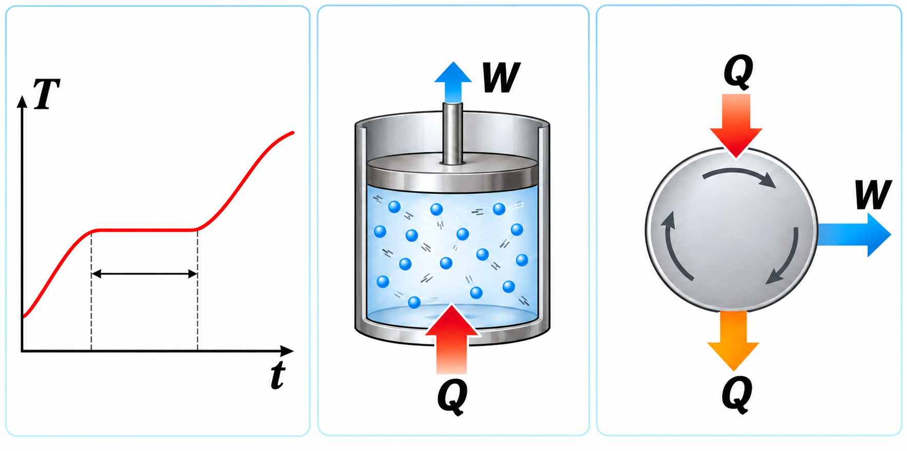 Três painéis mostram uma curva de temperatura com patamar, um gás num cilindro recebendo calor Q e realizando trabalho W, e um ciclo com entrada e saída de calor e saída de trabalho.