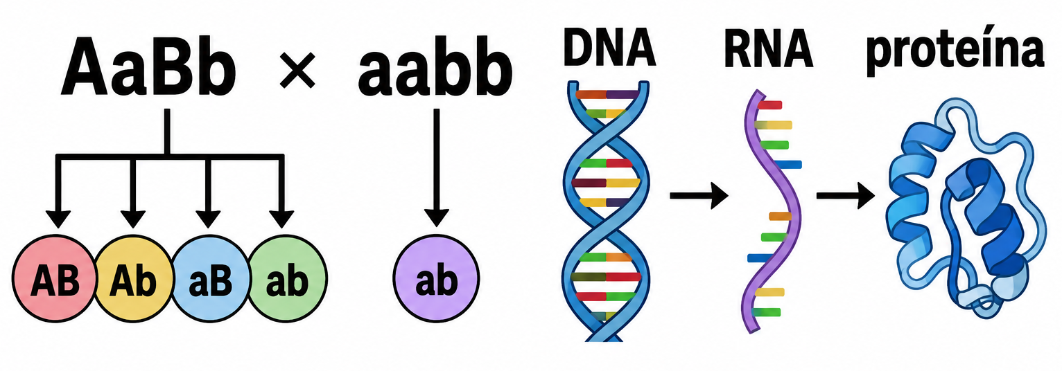 Esquema do cruzamento AaBb × aabb, com gametas AB, Ab, aB e ab, ao lado da sequência DNA → RNA → proteína.
