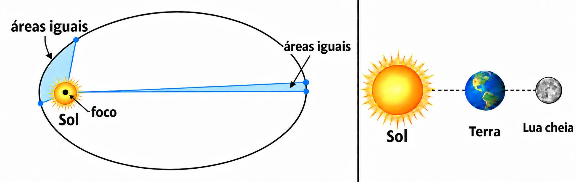 Elipse com o Sol num foco e duas regiões marcadas como áreas iguais; ao lado, Sol, Terra e Lua cheia aparecem alinhados.