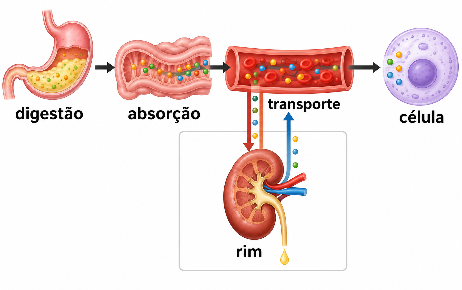 Estômago, intestino, vaso sanguíneo e célula ligados por setas de digestão, absorção e transporte; abaixo, um rim recebe e devolve partículas ao vaso.