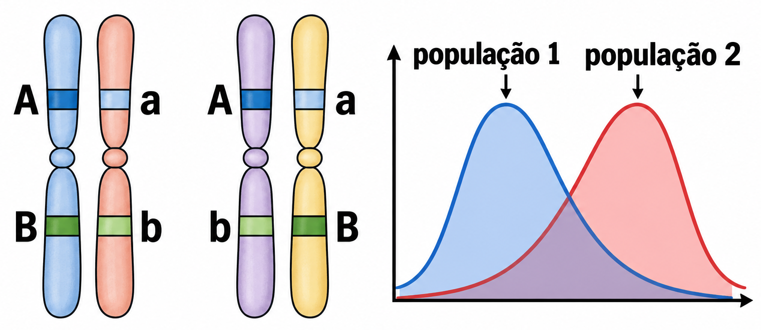 Dois pares de cromossomos mostram AB/ab e Ab/aB; ao lado, curvas azul e vermelha de duas populações se sobrepõem.