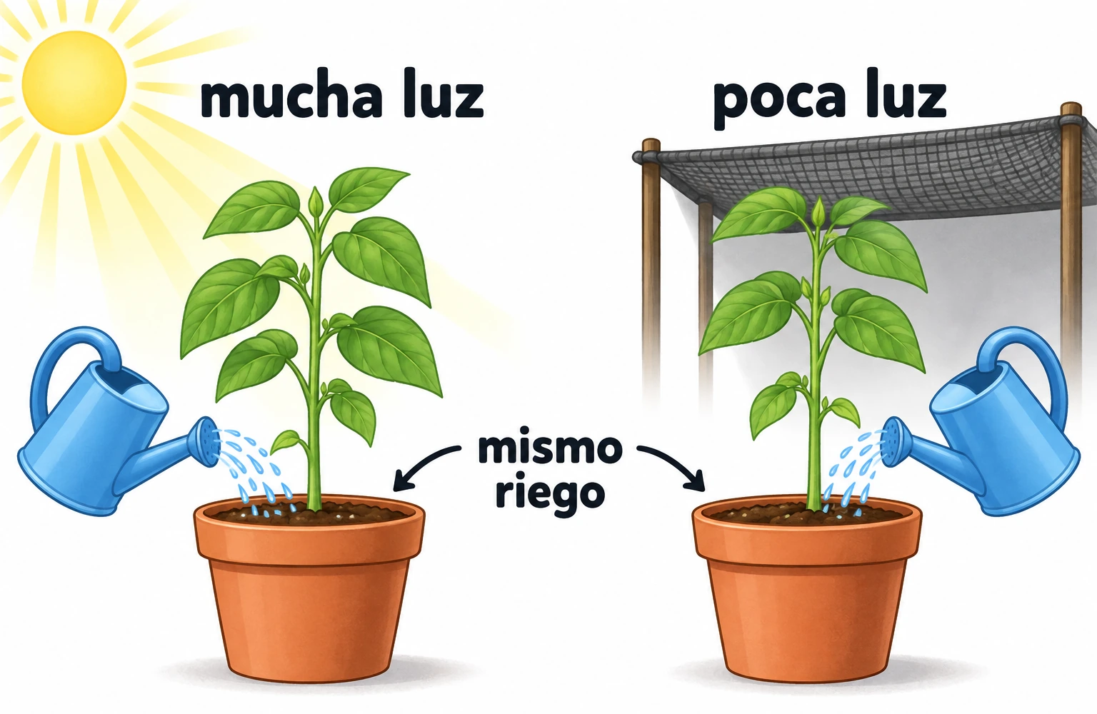 Dos plantas reciben el mismo riego; una está bajo mucha luz y otra bajo una malla con poca luz.