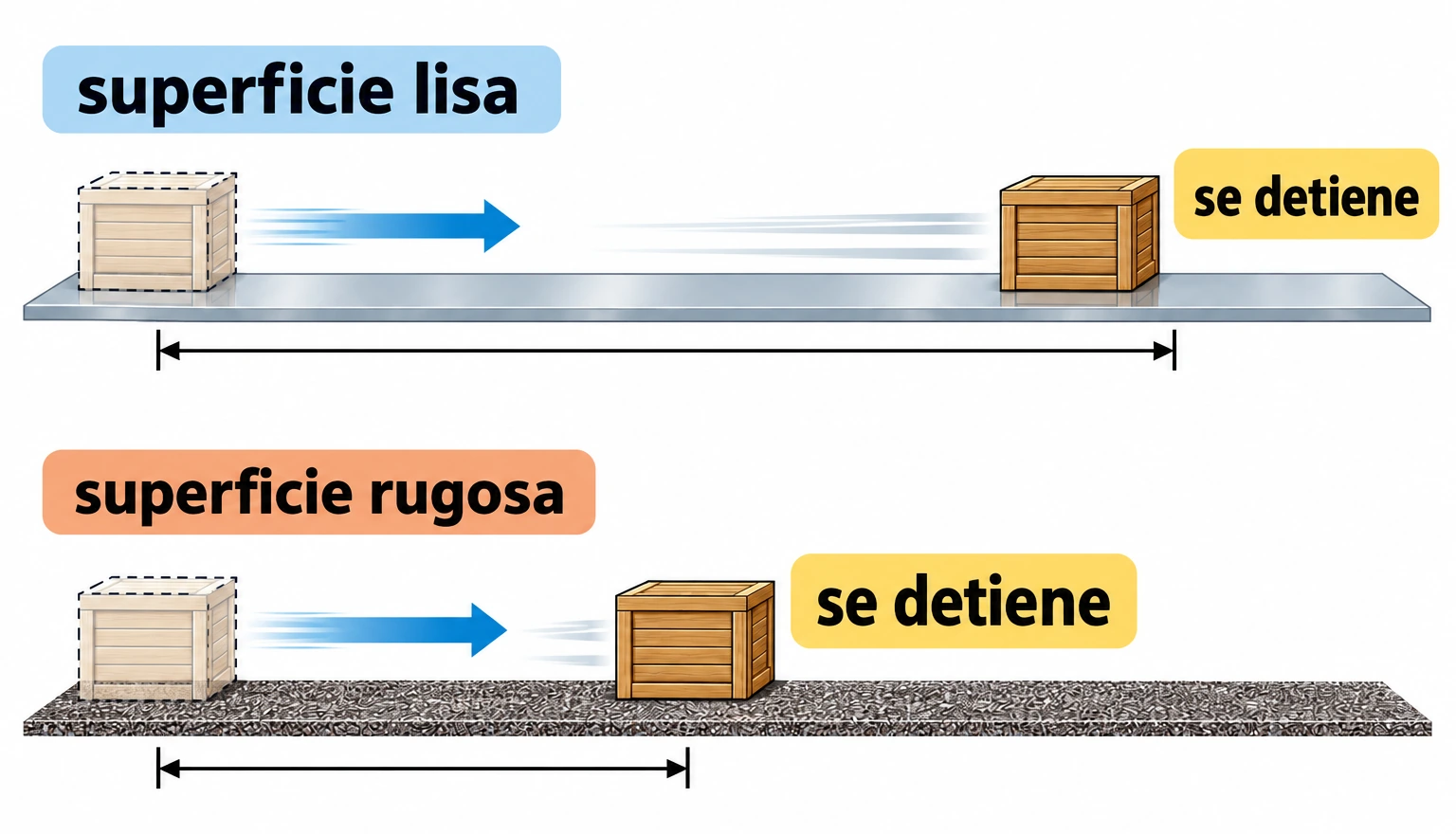 Cajas avanzan desde posiciones iniciales marcadas: recorrido mayor sobre superficie lisa y menor sobre superficie rugosa.