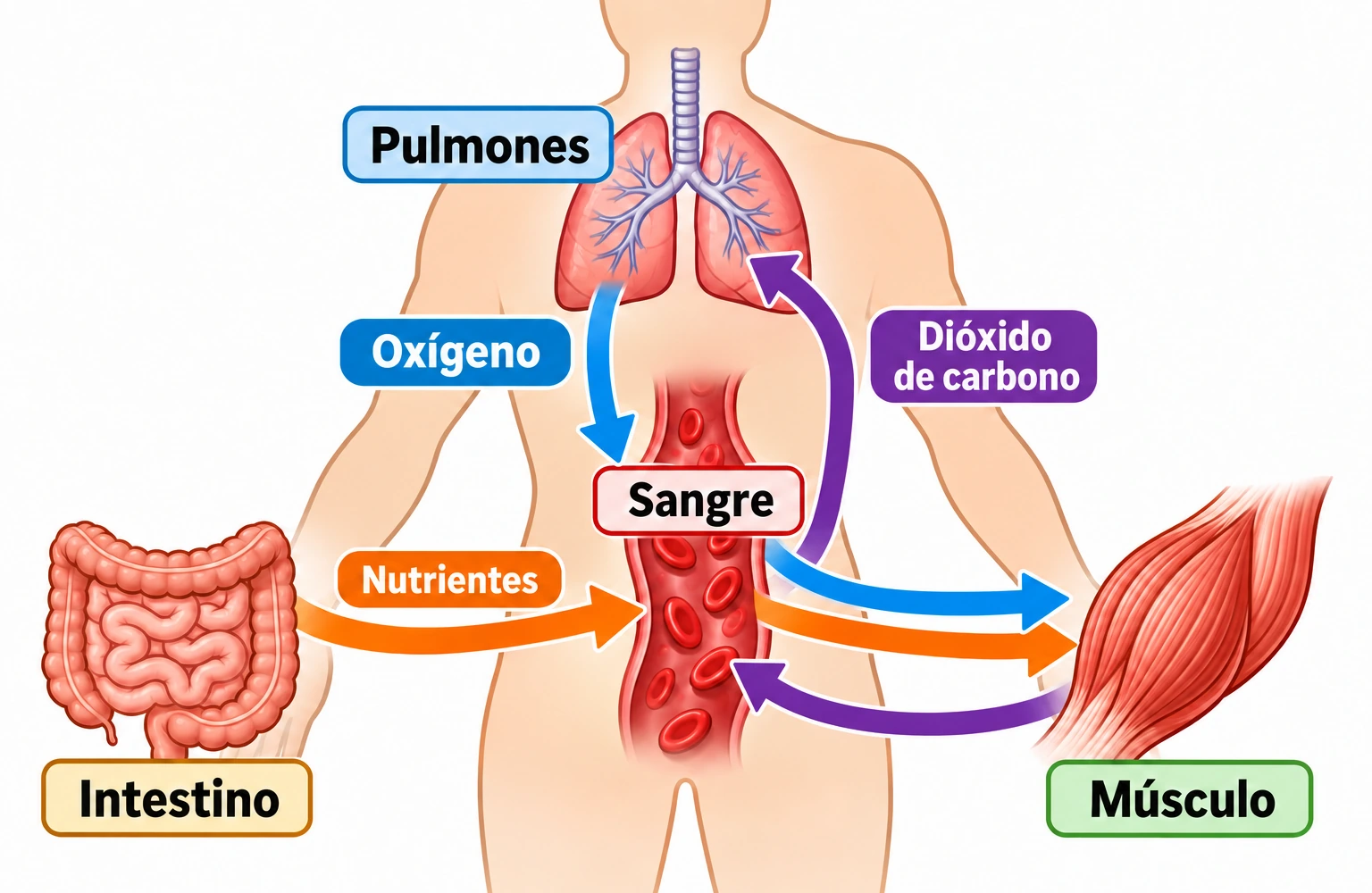 Esquema de pulmones, intestino, sangre y músculo; flechas transportan oxígeno y nutrientes al músculo y dióxido de carbono de vuelta a los pulmones.