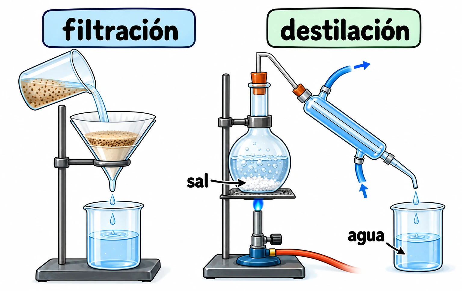 Filtración de arena y destilación de agua salada; el filtro retiene arena y el montaje de destilación conserva sal en el matraz y recoge agua.