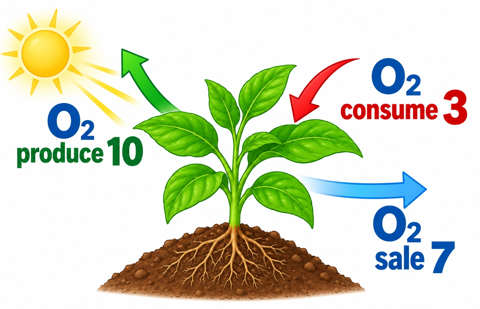 Planta iluminada: produce 10 unidades de oxígeno, consume 3 y libera 7; flechas distinguen producción, consumo y salida.