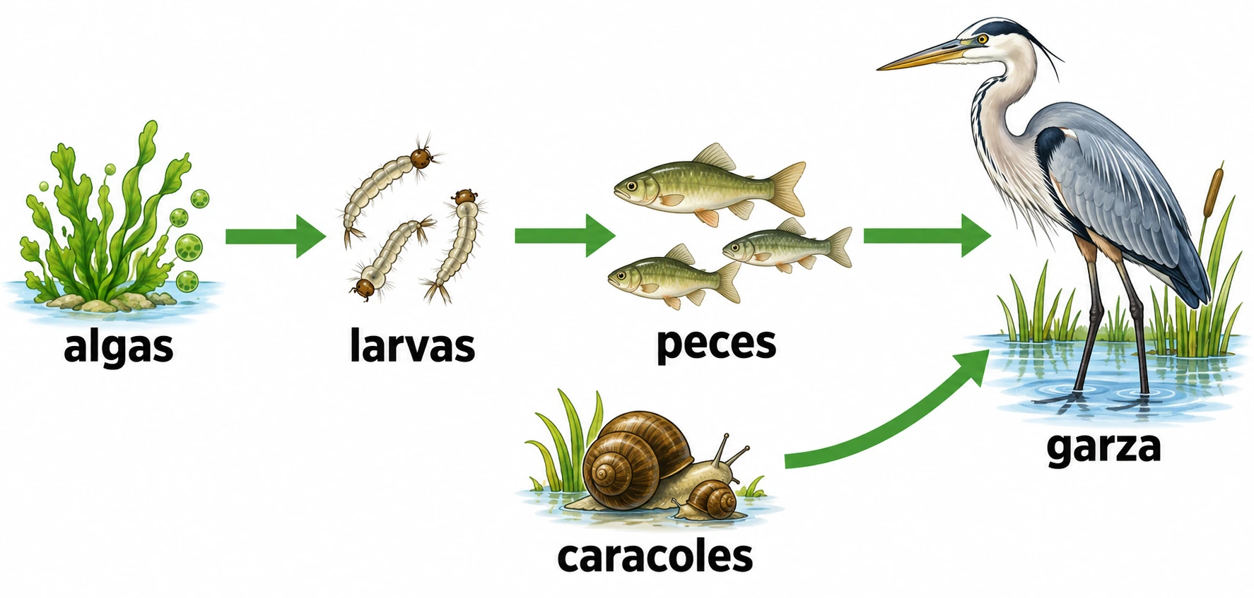 Red alimentaria con flechas de algas a larvas, de larvas a peces y de peces a garza; caracoles también apuntan hacia la garza.