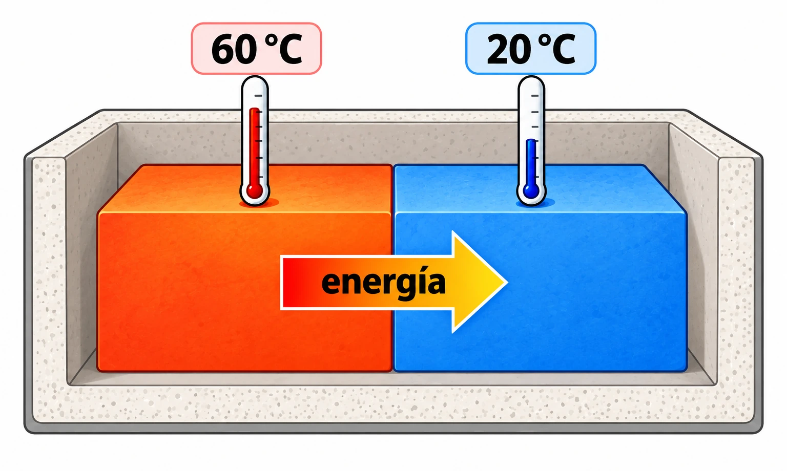Bloques en contacto a 60 °C y 20 °C; una flecha de energía apunta del caliente al frío.