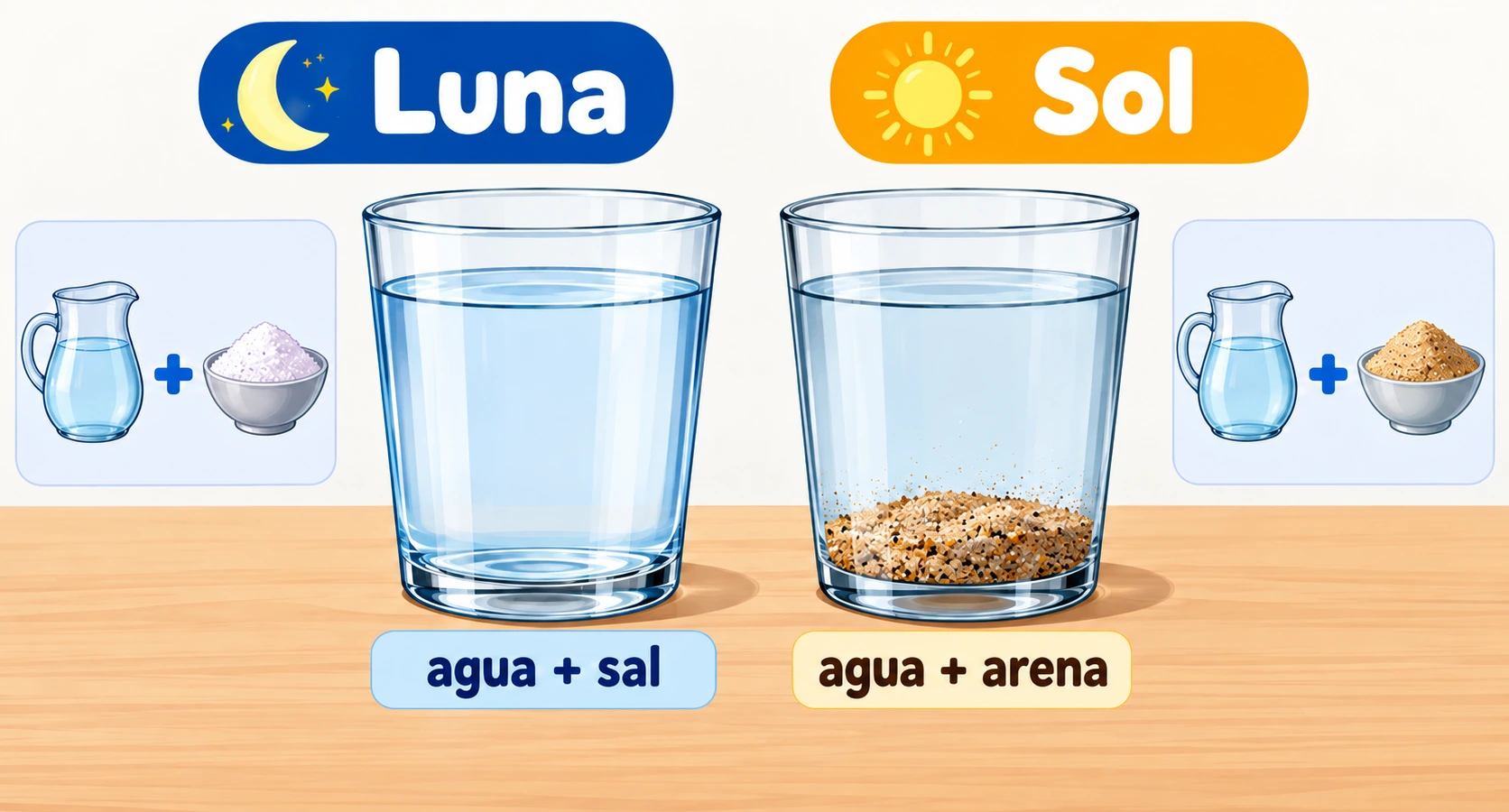 Dos vasos rotulados Luna y Sol: agua con sal transparente y agua con arena depositada en el fondo; dibujos laterales muestran los ingredientes.