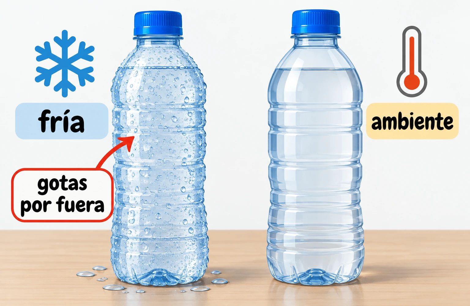 Dos botellas: la fría tiene gotas externas y la que está a temperatura ambiente no; una flecha señala las gotas por fuera.