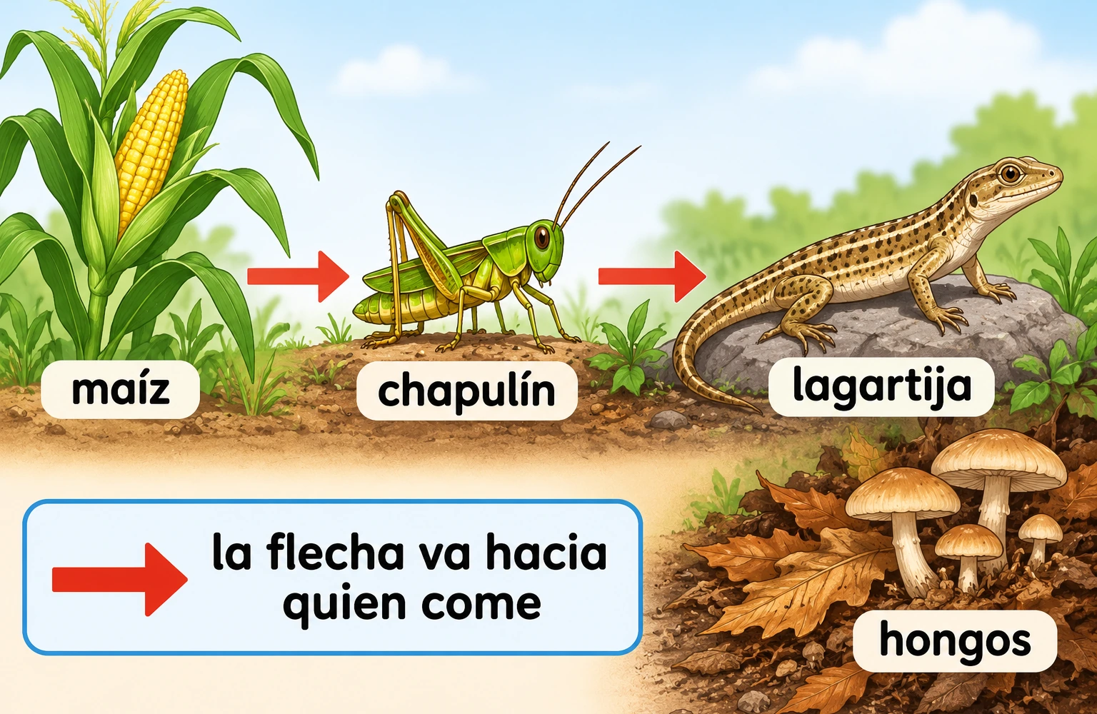 Cadena maíz → chapulín → lagartija; la flecha apunta hacia quien come. Hongos aparecen sobre restos vegetales.
