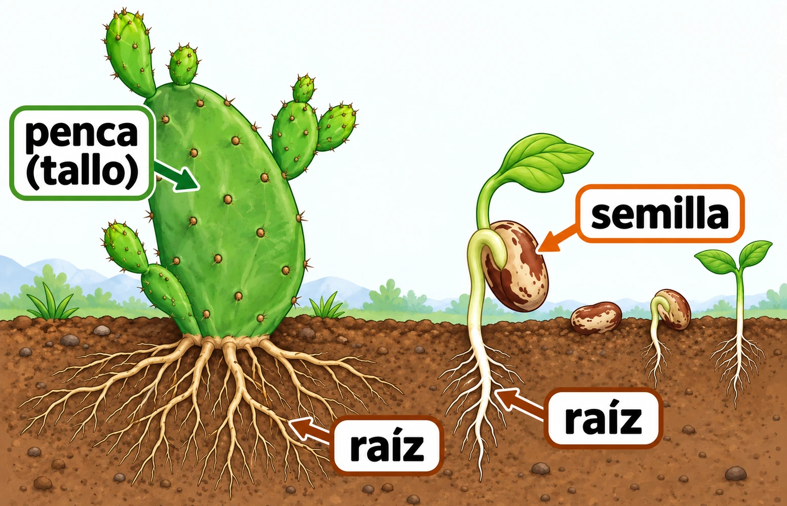 Una penca de nopal y una secuencia de germinación de frijol; etiquetas señalan tallo, semilla y raíces.