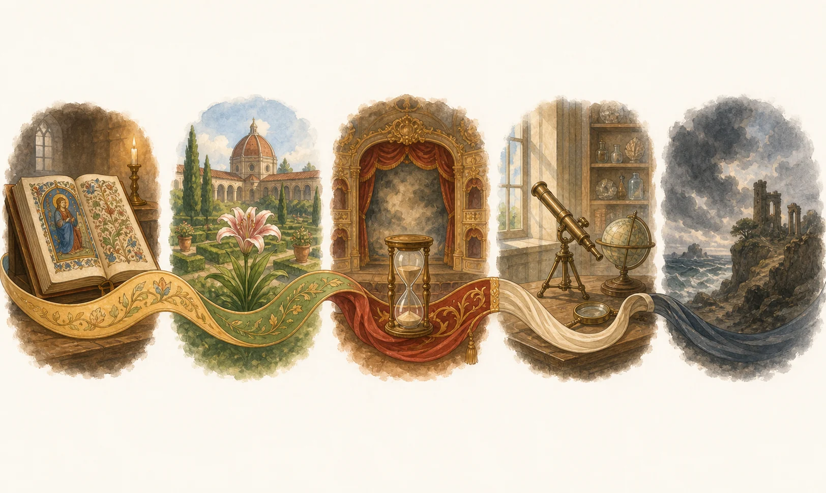 Itinerario visual con cinco estaciones: manuscrito medieval, jardín renacentista, escenario barroco con reloj, gabinete ilustrado y paisaje romántico; un mismo hilo del paso del tiempo cambia de forma.