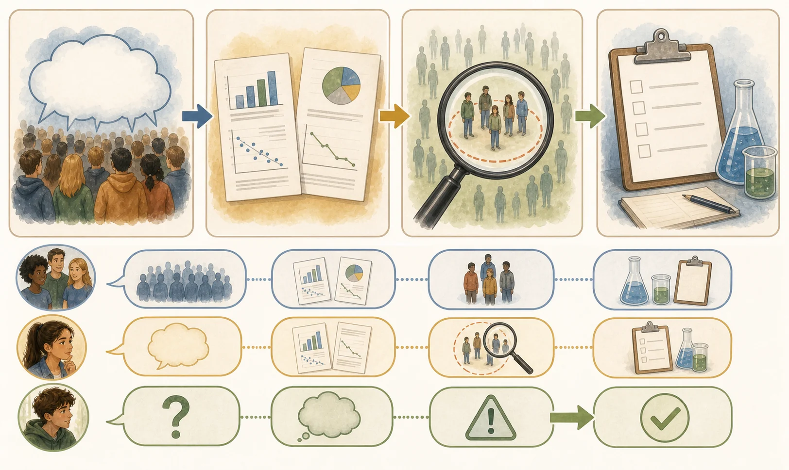 Cuatro grandes tarjetas unidas por flechas representan creencia extendida, datos, límite de muestra y nueva comprobación; debajo, tres carriles distinguen voces y respuestas.