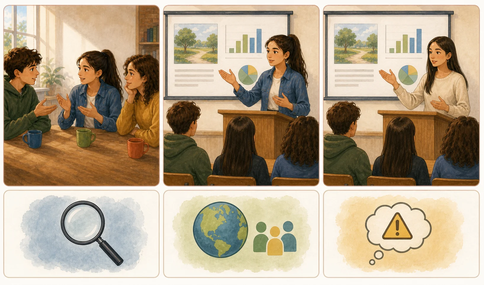 La misma joven aparece en una conversación informal y una presentación formal; otra joven participa en una presentación comparable, con tarjetas separadas de observación, contexto e hipótesis prudente.