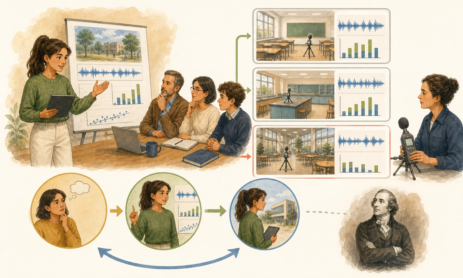 Una estudiante presenta datos ante un panel; tres escenas de aula separan dos patrones semejantes y un resultado distinto, una especialista maneja el sonómetro y un personaje célebre queda apartado de la ruta de evidencia.