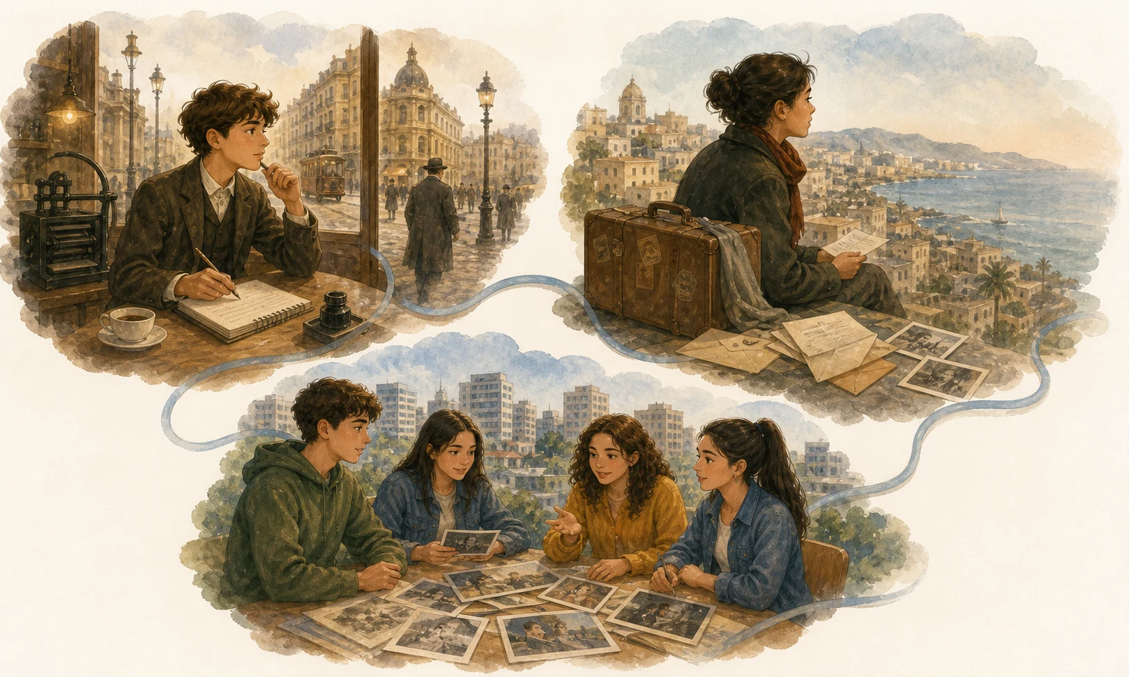 Tres constelaciones conectadas: una ciudad de la Edad de Plata con imprenta y café, una maleta y cartas de exilio ante una ciudad distante, y una ciudad contemporánea formada por archivo familiar y varias voces; un motivo común enlaza las tres.