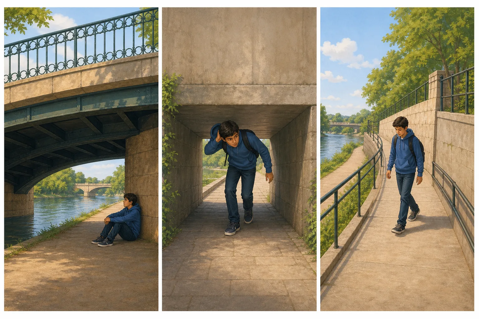 Tres escenas: una persona vive bajo un puente, un túnel de poca altura y una estudiante que baja una rampa.