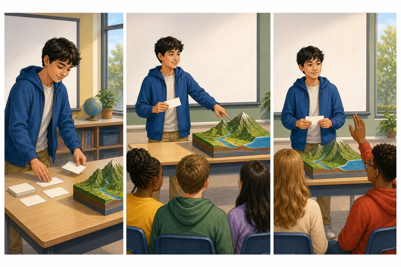 Tres escenas de una exposición escolar: una alumna ordena tarjetas, explica una maqueta ante la clase y escucha una pregunta al terminar.