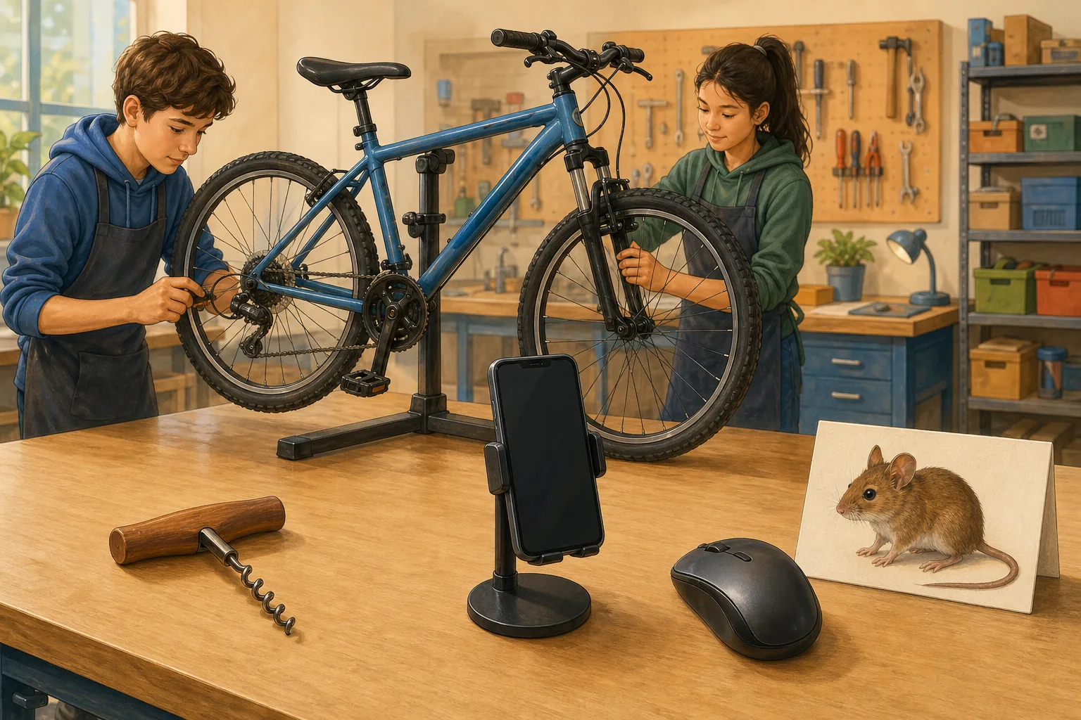 Taller escolar de reutilización con una bicicleta, un sacacorchos, un teléfono inmóvil sobre una base y un ratón de ordenador junto a un dibujo naturalista del animal.