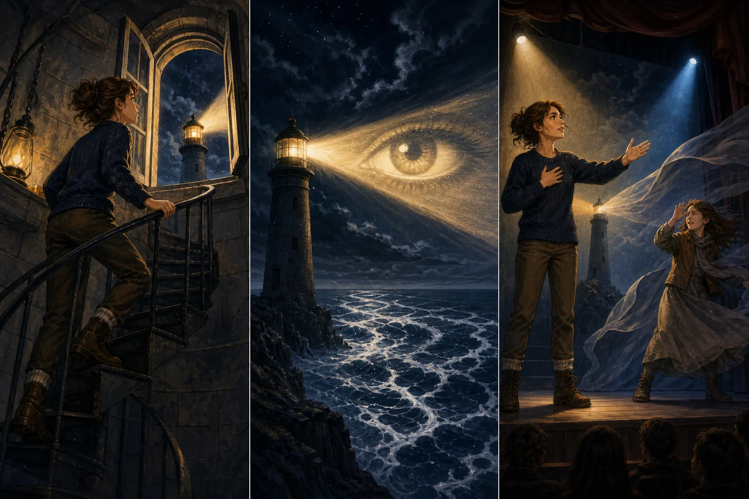 Tres interpretaciones del mismo faro nocturno: una guardiana sube la escalera, el faro aparece como un ojo luminoso y dos intérpretes ensayan la escena en un escenario.