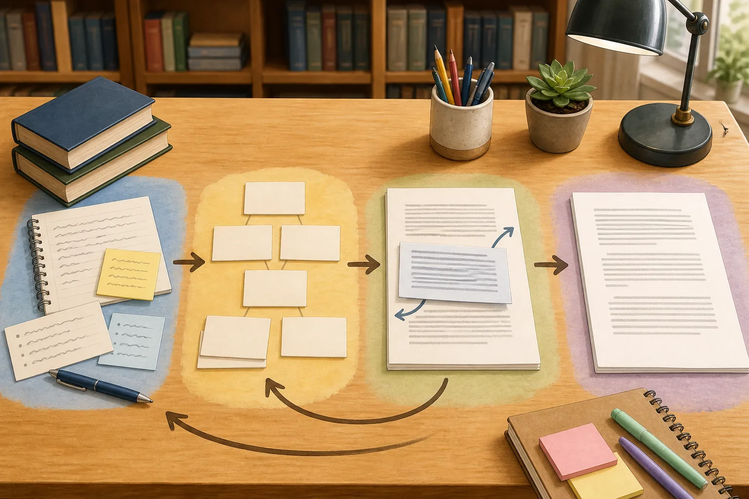 Cuatro momentos en una mesa de estudio: notas con fuentes, tarjetas ordenadas, un borrador con flechas de reorganización y una versión limpia revisada.