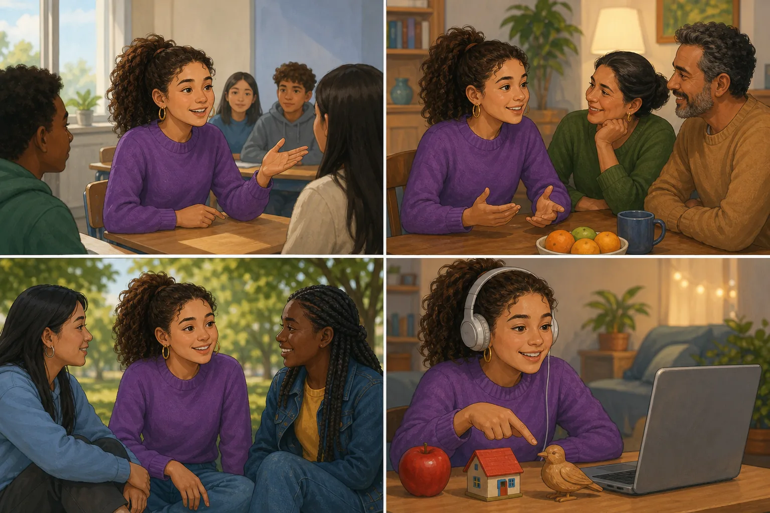 La misma alumna aparece en cuatro contextos: una clase, una conversación familiar, un encuentro con amistades y una sesión de estudio de otra lengua.