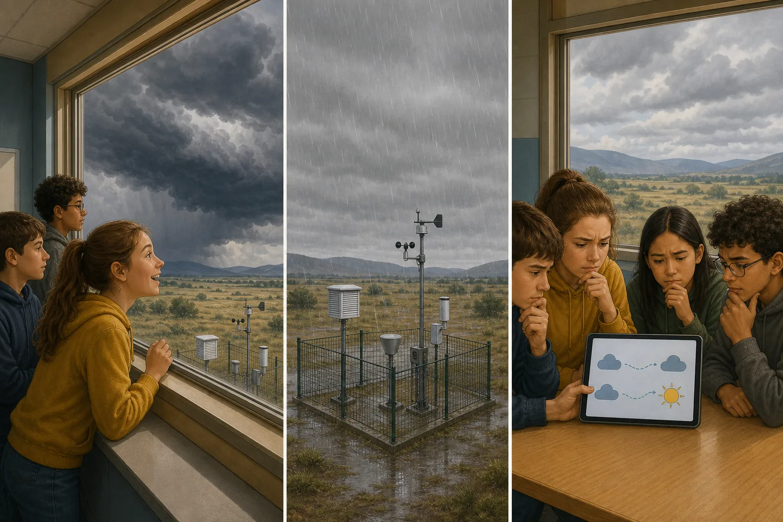 Tres escenas meteorológicas: Marina observa una tormenta con entusiasmo, llueve sobre una estación vacía y un grupo consulta un pronóstico incierto.