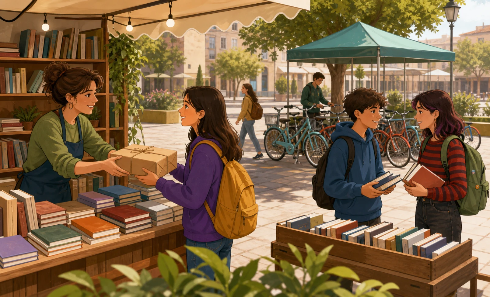 En un mercado de libros, una librera entrega un paquete a una estudiante mientras otras personas intercambian objetos y al fondo se alquilan bicicletas.