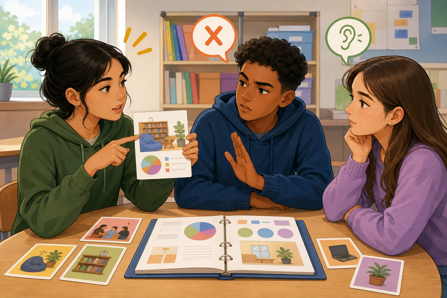 Tres estudiantes participan por turnos en un consejo escolar; sobre la mesa hay tarjetas de colores y una carpeta de datos que una alumna señala al argumentar.