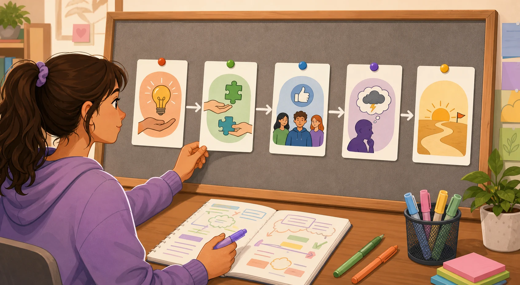 Una estudiante organiza en un tablero cinco tarjetas visuales enlazadas: propuesta, dos apoyos, objeción y cierre; a su lado revisa un borrador.