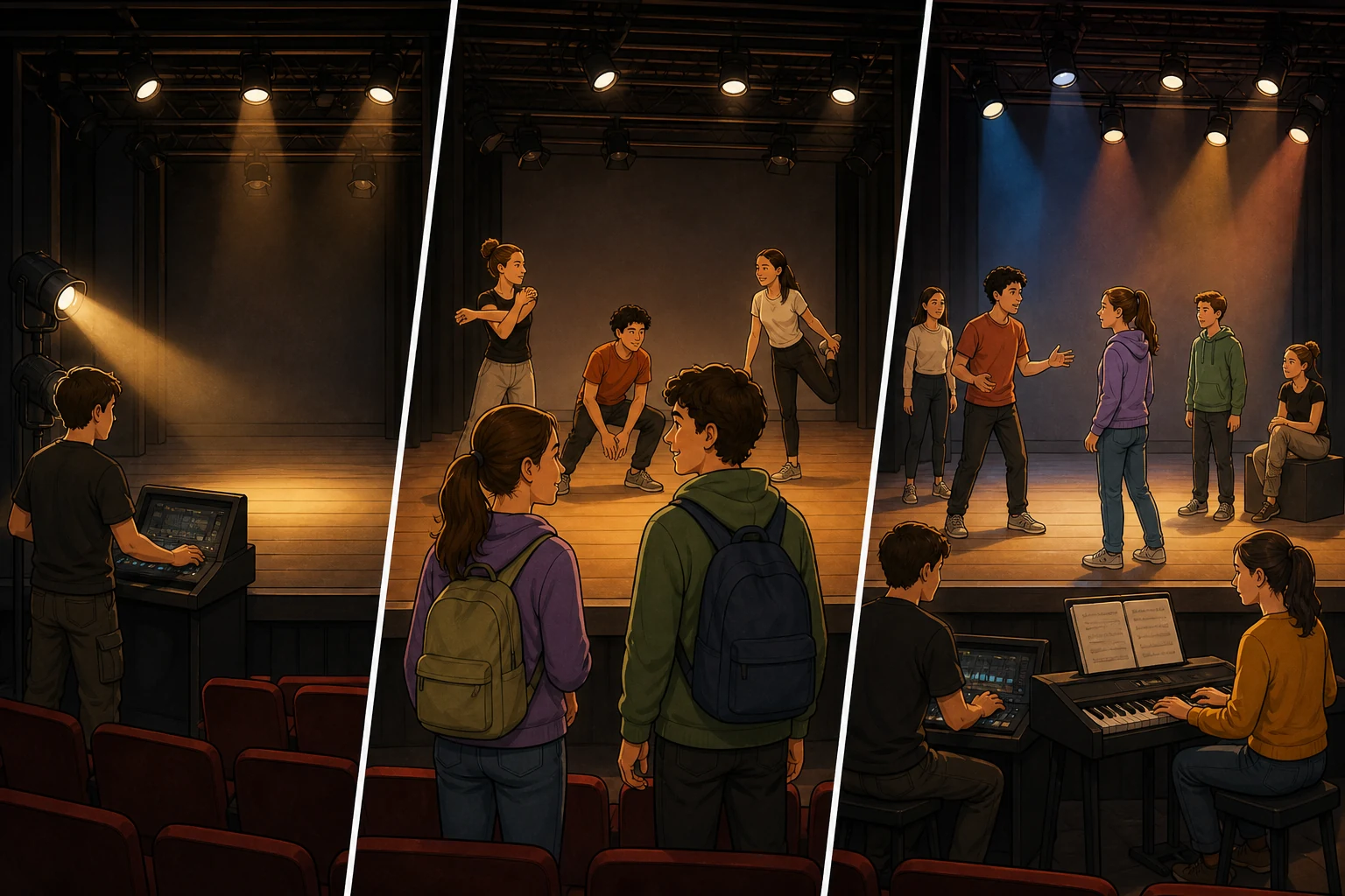 Tres momentos de un ensayo teatral: un técnico prueba luces antes de la llegada, actores calientan durante la llegada y después comienza la música.