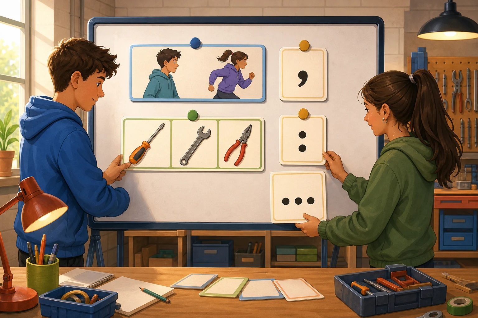 Dos estudiantes revisan un aviso en un taller escolar; separan tarjetas de sujeto, verbo, enumeración y lugar con signos móviles sin texto legible.