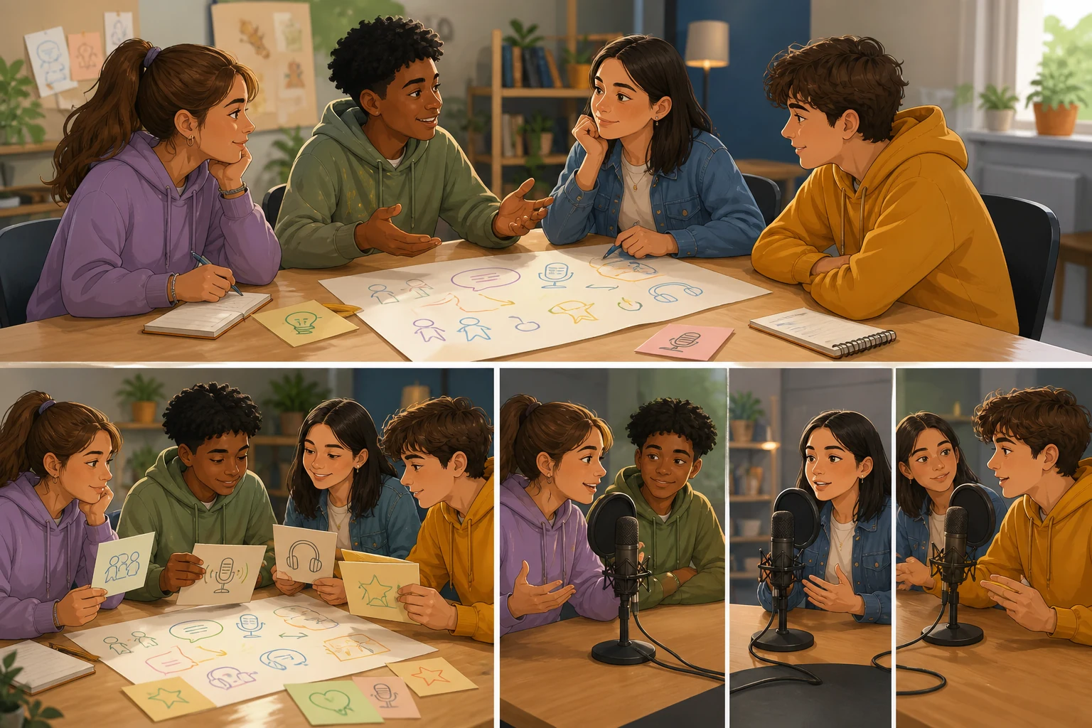 Cuatro adolescentes diversos preparan un pódcast alrededor de una mesa; conversan, consultan notas y graban por turnos sin mapas, banderas ni caricaturas regionales.