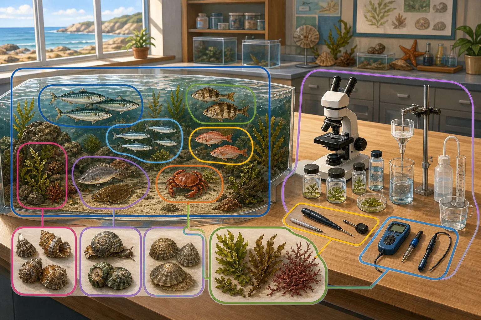Laboratorio costero con peces, cangrejo, caracoles marinos y algas clasificados en grupos; junto a ellos hay muestras de agua, microscopio y varios instrumentos de medida.