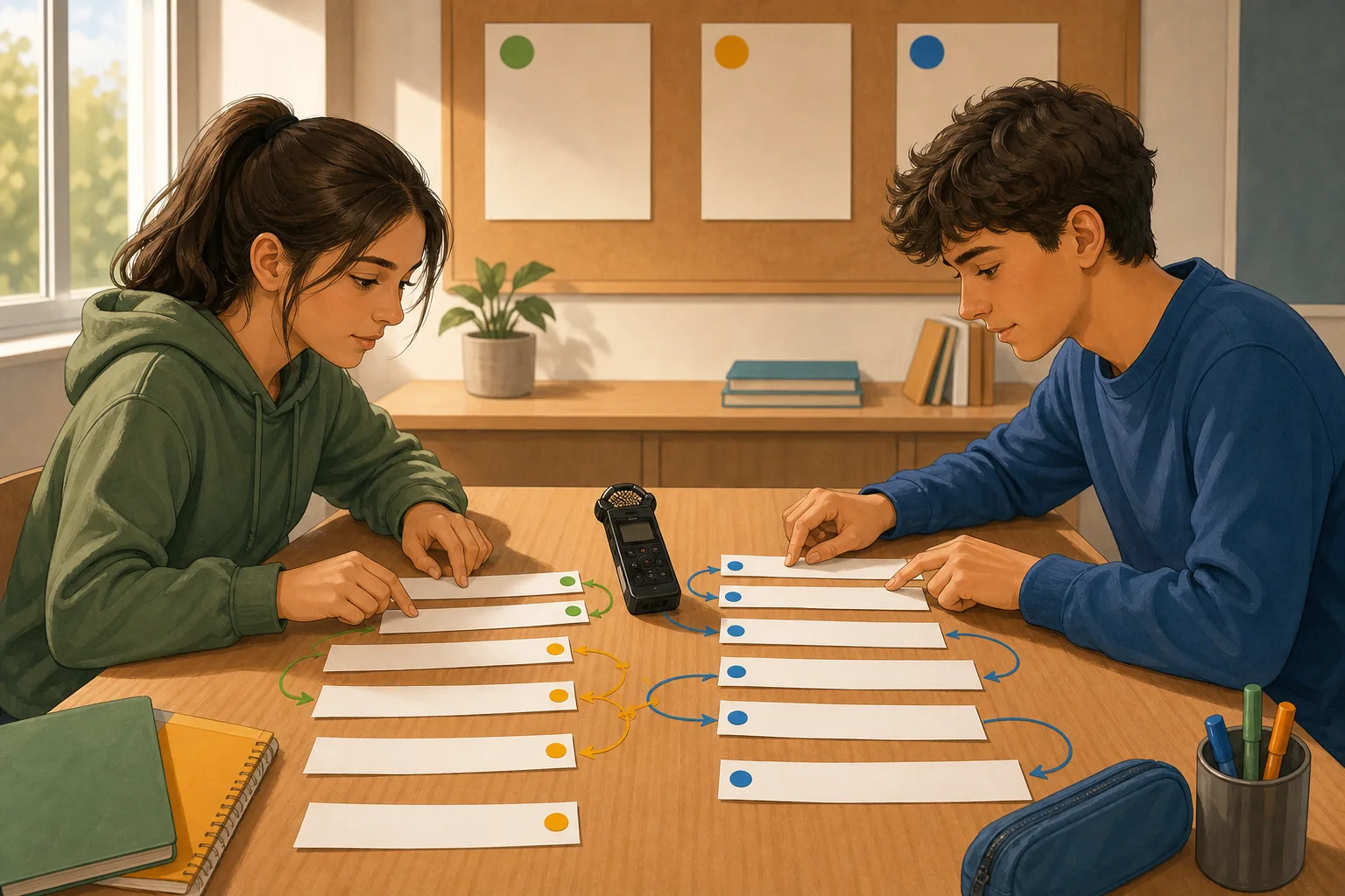 Taller de edición de una entrevista escolar: dos estudiantes conversan junto a una grabadora y una tercera organiza tiras de borrador y marcas editoriales abstractas.