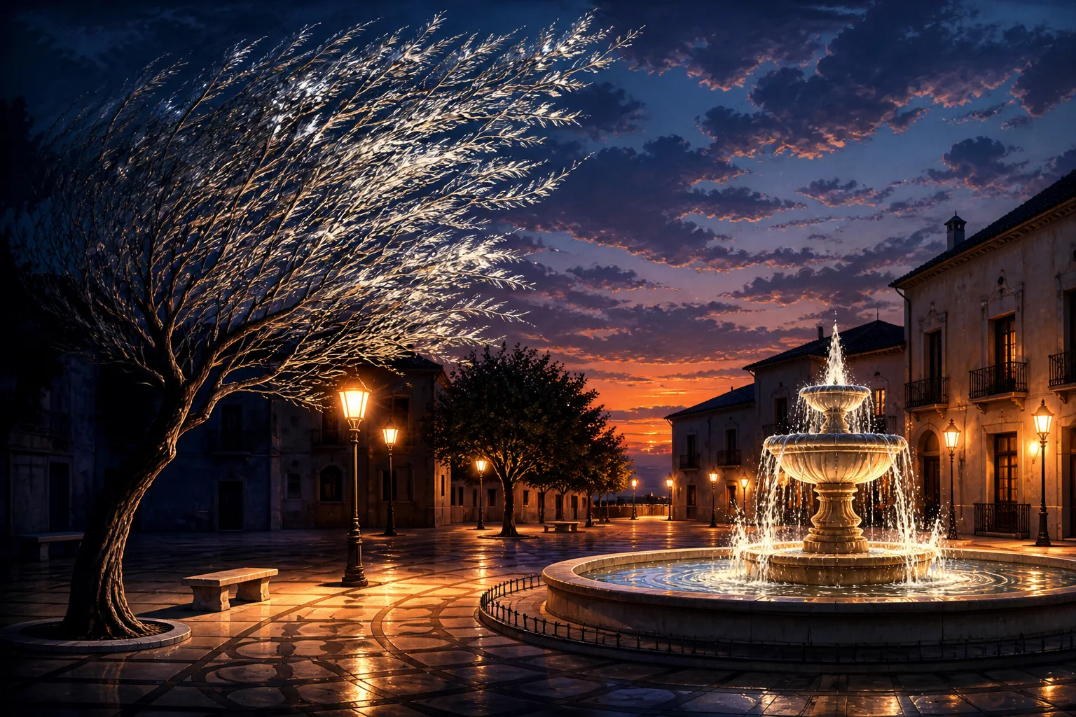 Plaza poética con un árbol de ramas brillantes movidas por el viento, una fuente iluminada y una zona oscura y silenciosa en contraste; varios elementos se repiten con ritmo visual.