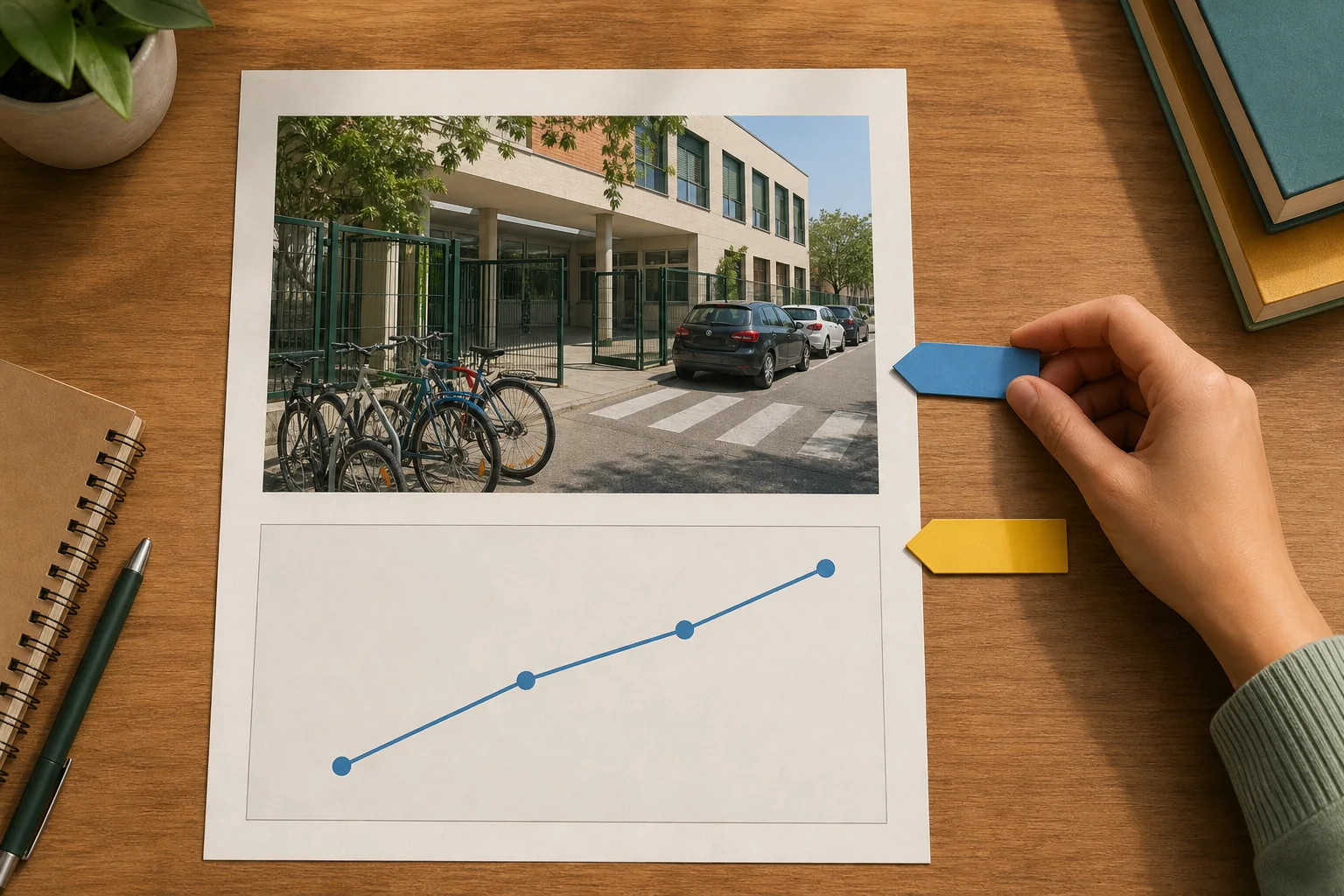 Mesa con una página de opinión escolar, una fotografía del acceso con bicicletas y coches, un gráfico de tendencia ascendente y dos fichas de procedencia diferenciadas.