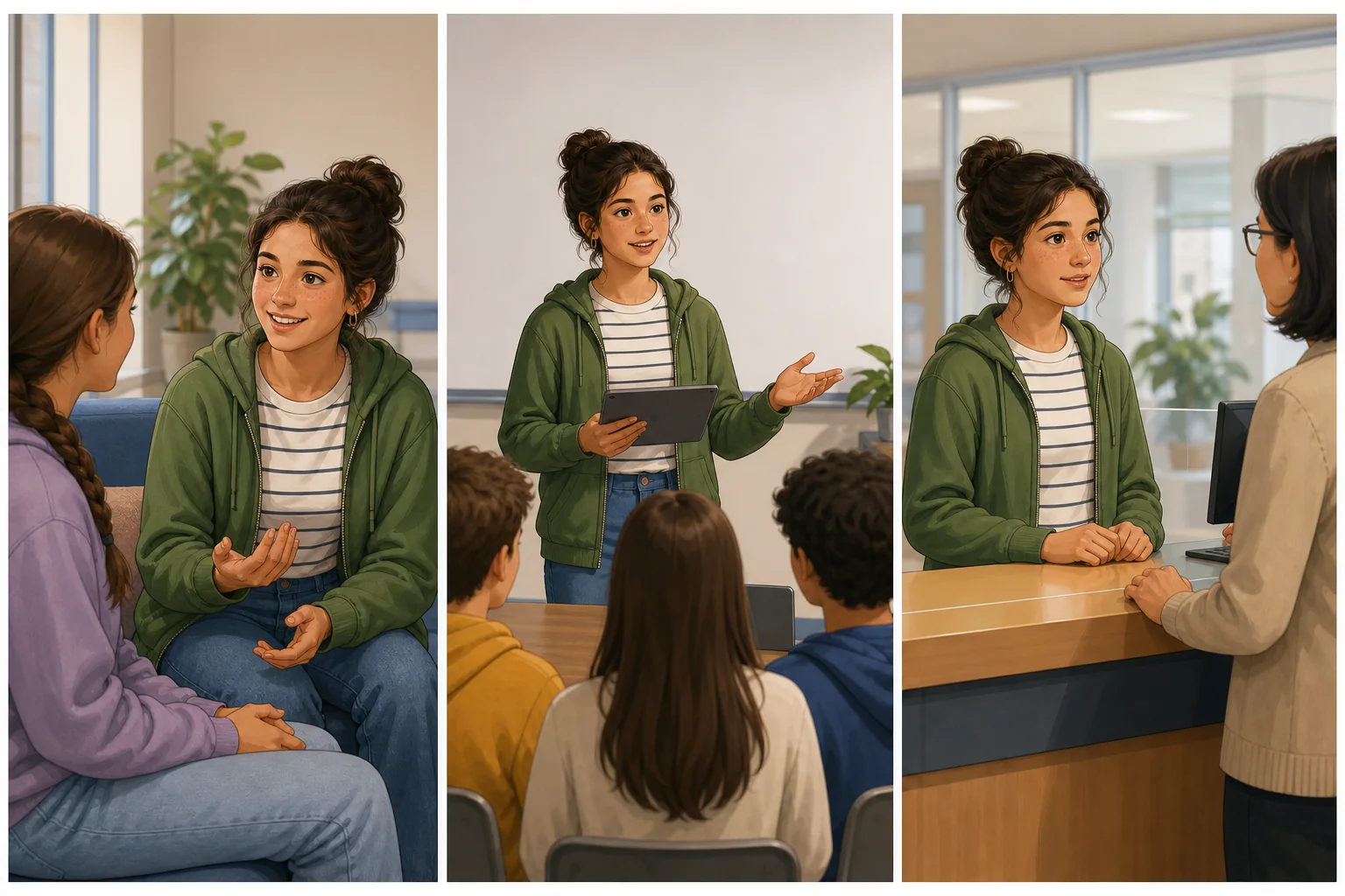 La misma estudiante aparece en tres situaciones equivalentes: conversa con una amiga, presenta un proyecto al grupo y solicita información en una oficina pública.
