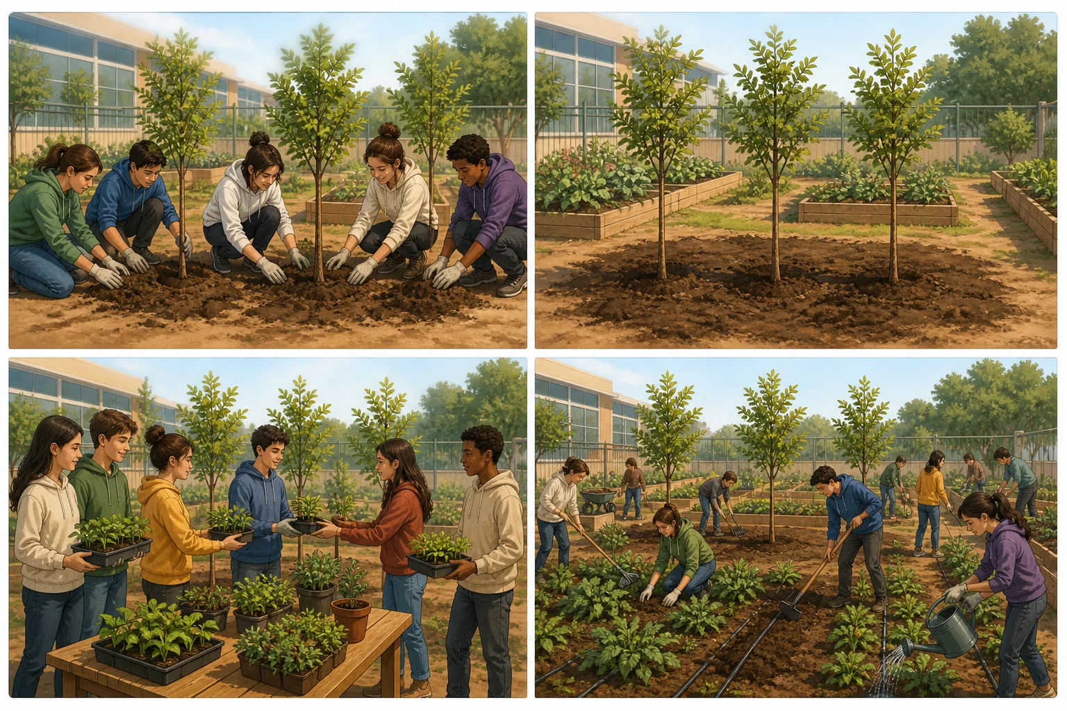 Cuatro escenas de un huerto comunitario: voluntariado plantando tres árboles, tres árboles ya plantados, reparto de varios plantones y una jornada general de trabajo.