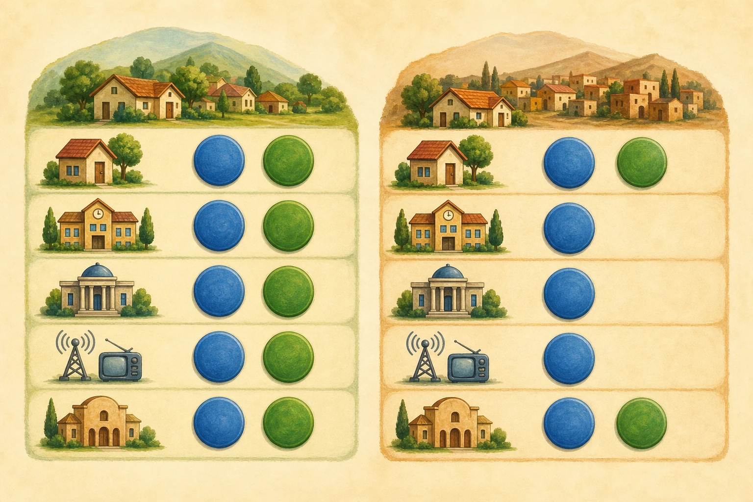Comparación de dos comunidades con códigos azul y verde: en la primera ambos aparecen en hogar, escuela, administración y medios; en la segunda el verde aparece en hogar y cultura, mientras el azul ocupa todos los ámbitos públicos.