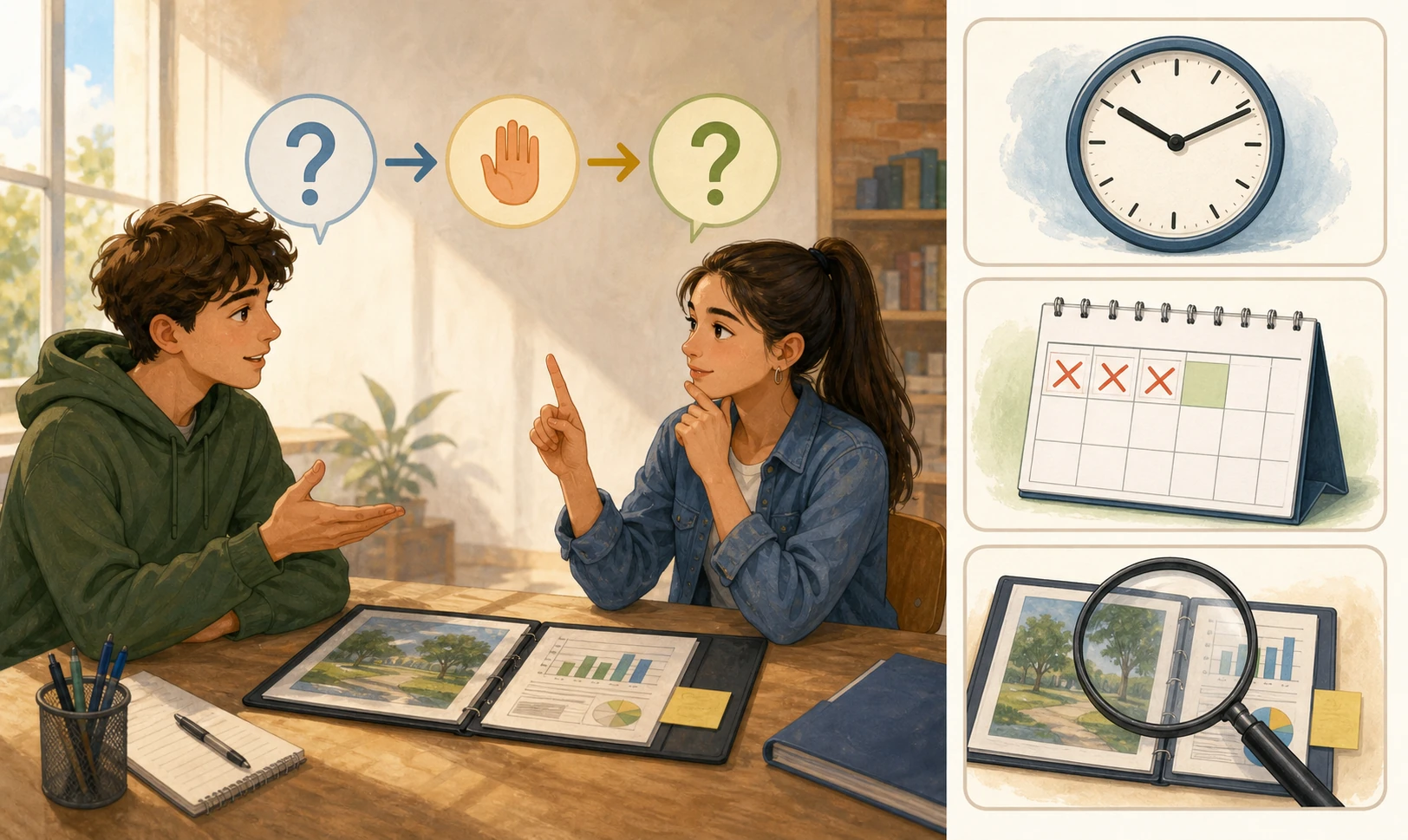 Simulación de entrevista entre dos jóvenes con una carpeta de proyectos y tres tarjetas visuales: un reloj para disponibilidad, un calendario tachado para un límite y una lupa sobre un proyecto para la pregunta de seguimiento.
