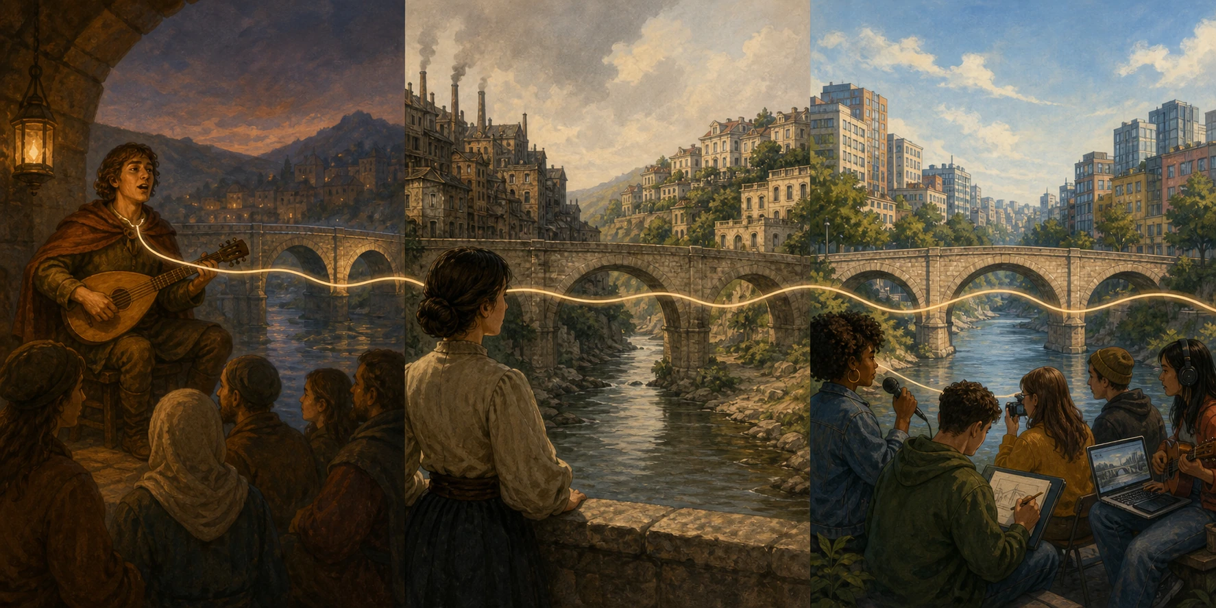Itinerario de tres escenas con el mismo puente: una cantante de balada junto a viajeros, una narradora que observa dos barrios y una representación contemporánea con varias voces; el motivo se repite y cambian forma y perspectiva.