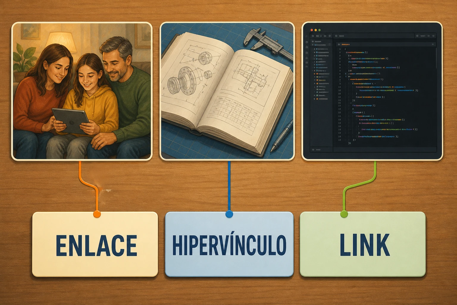 Mesa editorial con tres tarjetas de contexto: aviso para familias, manual técnico e interfaz de desarrollo; delante aparecen fichas grandes para enlace, hipervínculo y link, conectadas de forma distinta a cada contexto.