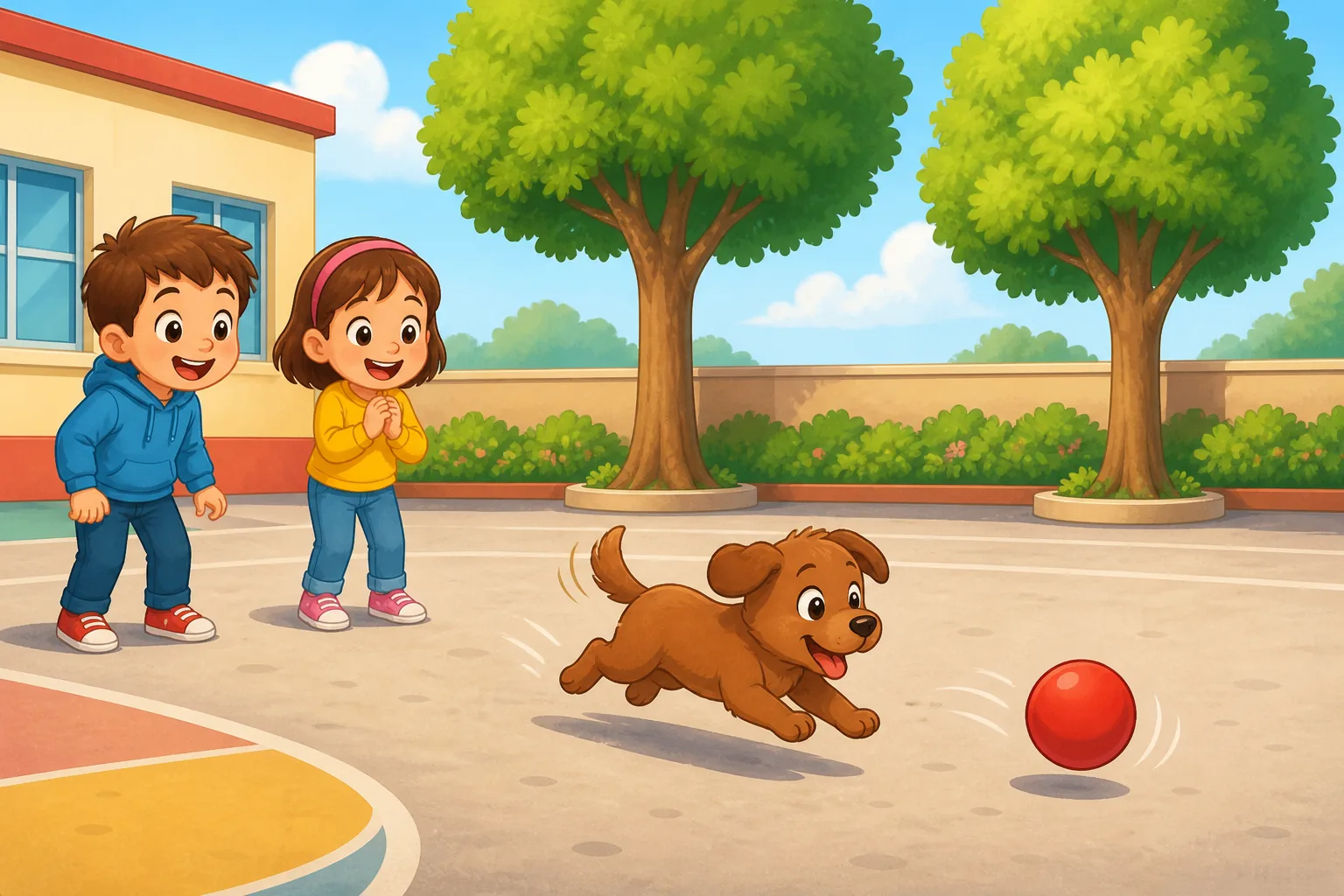 Un perro pequeño y marrón corre tras una pelota roja; dos niños lo miran y detrás hay dos árboles altos y verdes.