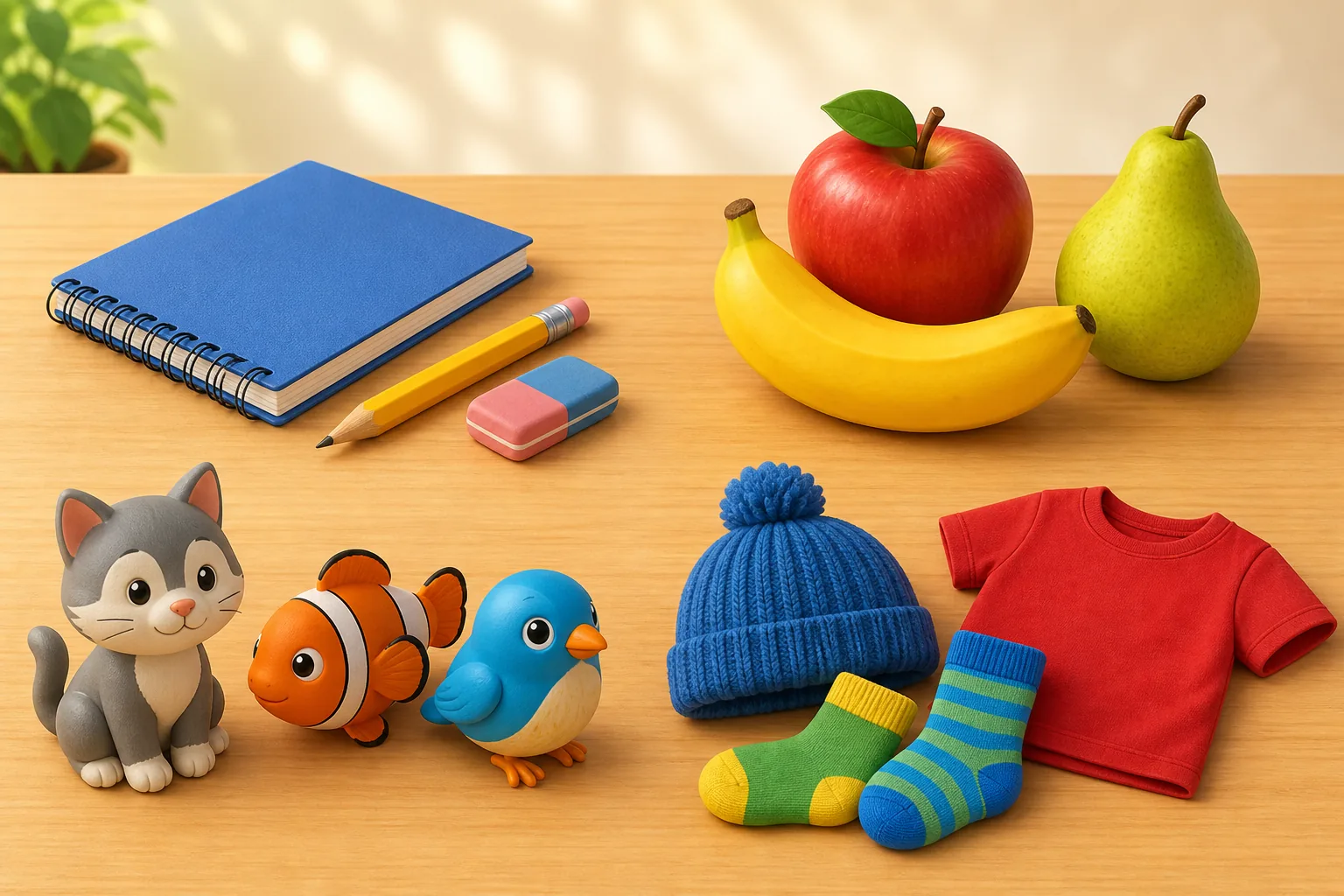 Cuatro grupos de objetos: lápiz, cuaderno y goma; manzana, plátano y pera; gato, pez y pájaro de juguete; gorro, calcetines y camiseta.