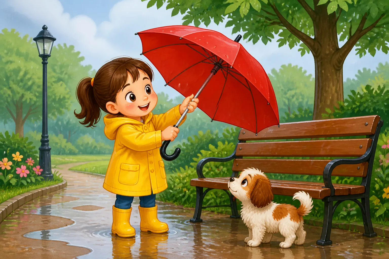 Una niña con chubasquero amarillo abre un paraguas rojo junto a un banco del parque; un perro pequeño la mira.